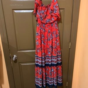 Red, navy, and white off the shoulder maxi dress